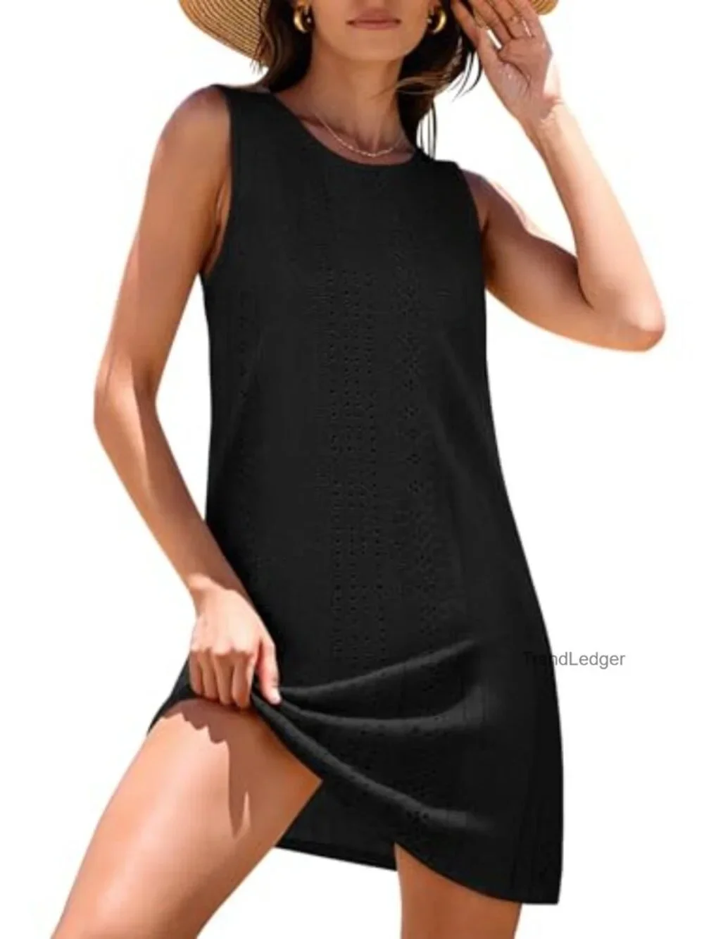 Eyelet Sleeveless Swing Beach Dress Cover Up Midi